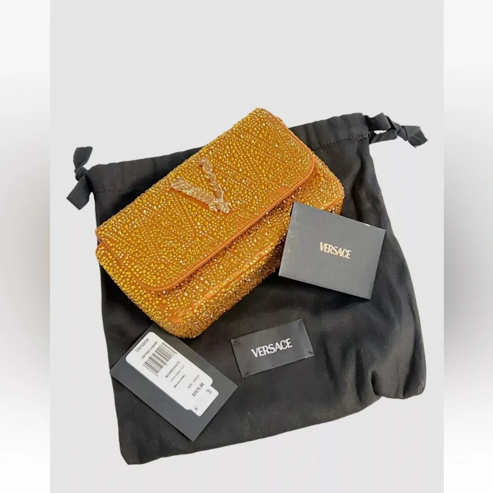 Versace Women's Gold Virtus Mini Embellished V Logo Shoulder Bag Clutch Sac